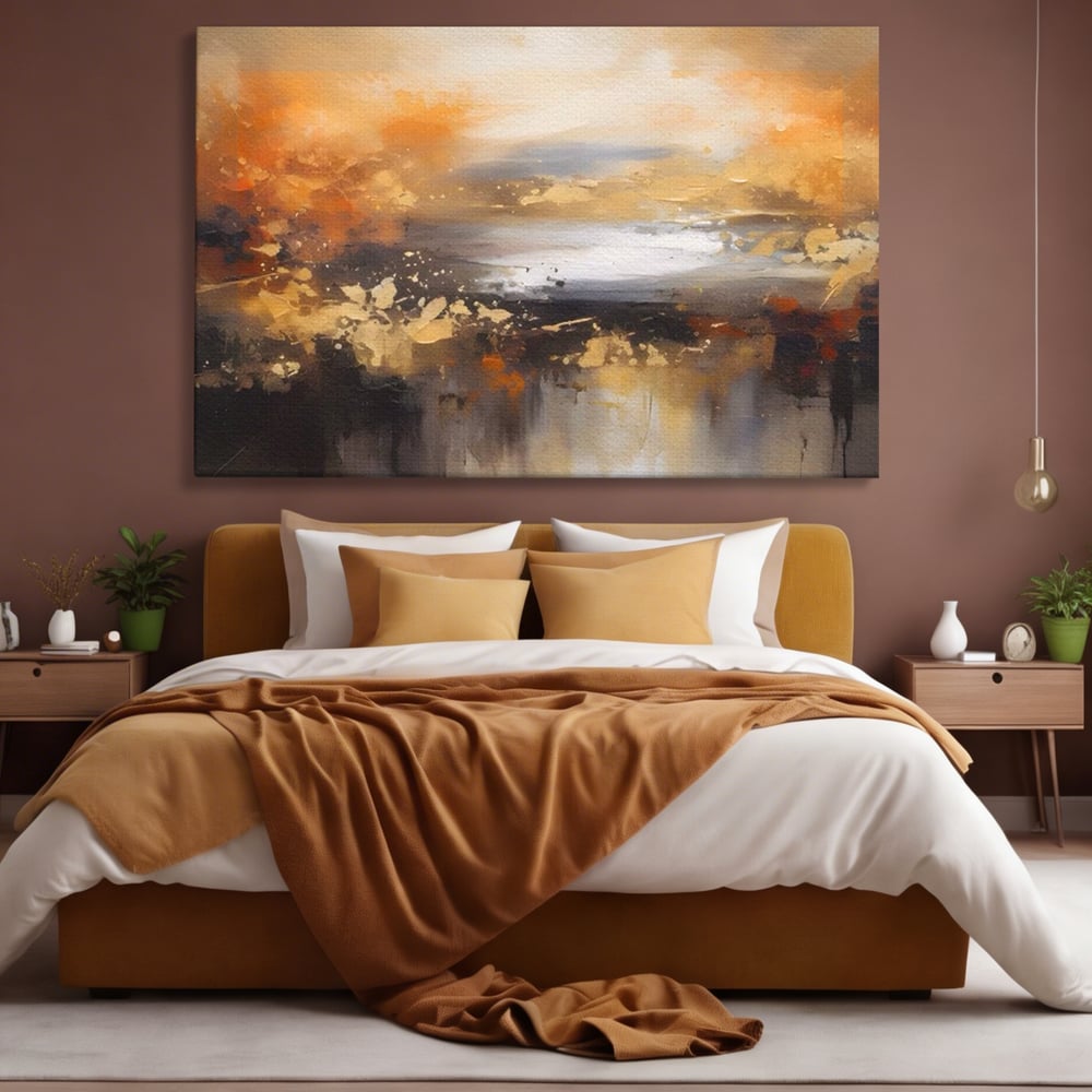 Tablou canvas cu tablou canvas peisaj abstract orizontal, fara rama, pe sasiu de lemn, pe perete intr-un dormitor